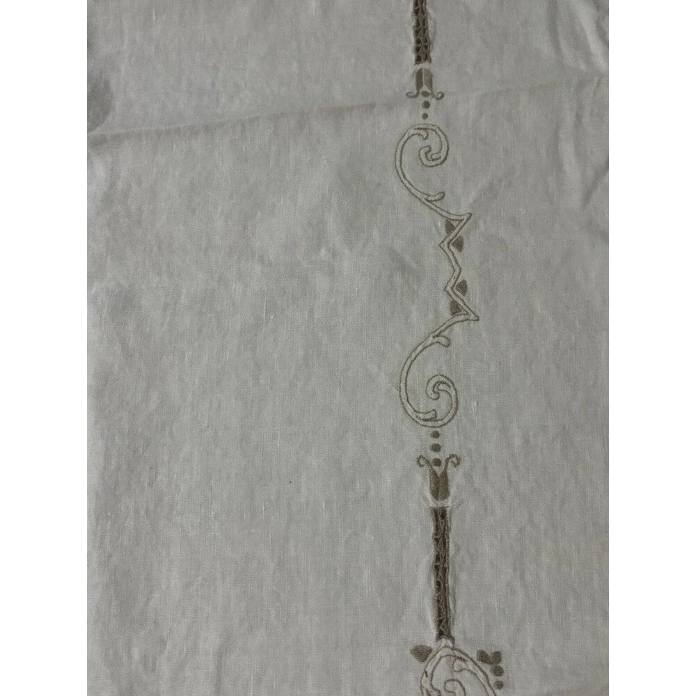 Vintage Linen Tablecloth 64x52 + 3 Embroidered Napkins Scrollwork Cottagecore